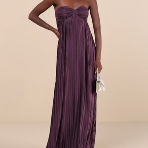 Lulus Whimsical Beauty Dark Purple Satin Plisse Strapless Maxi Dress - Size M